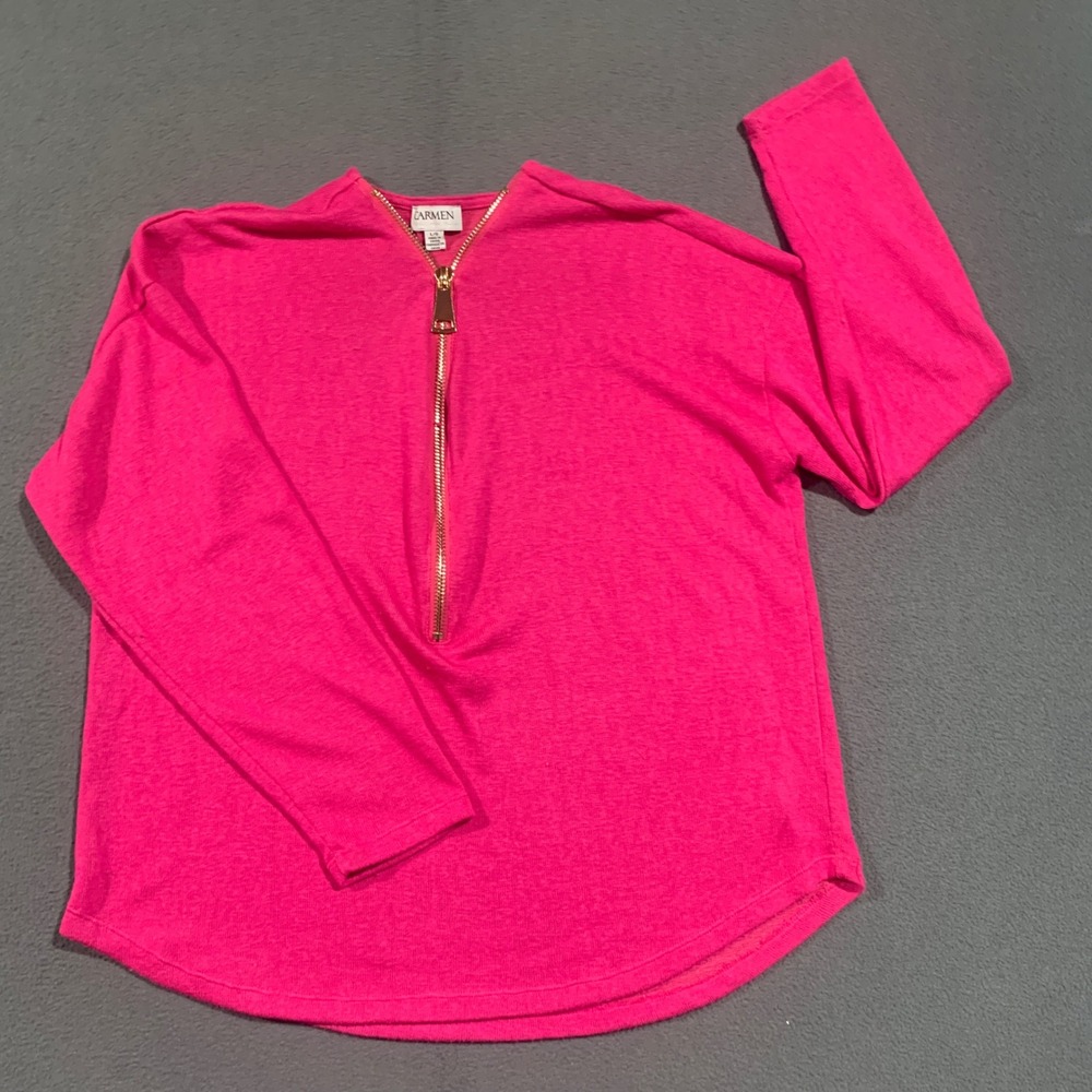 Carmen Marc Valvo Hot Pink Quarter Zip Pullover Knit Top Gold Zipper Womens L - Picture 1 of 7